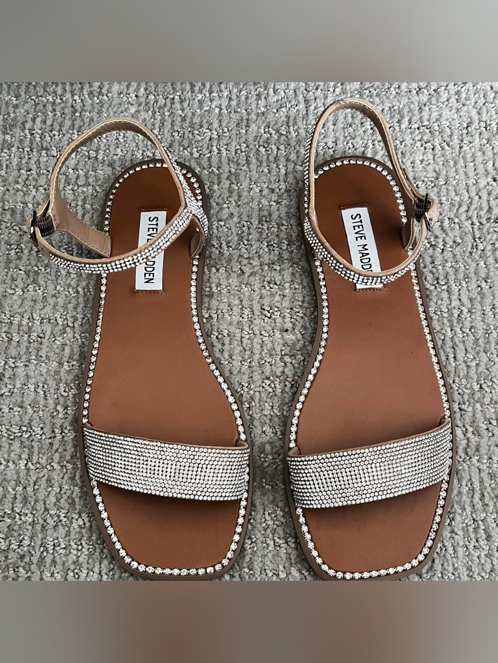 Steve Madden Womens Nickel Rhinestone Square Toe Ankle Strap Shoes Size 8.5